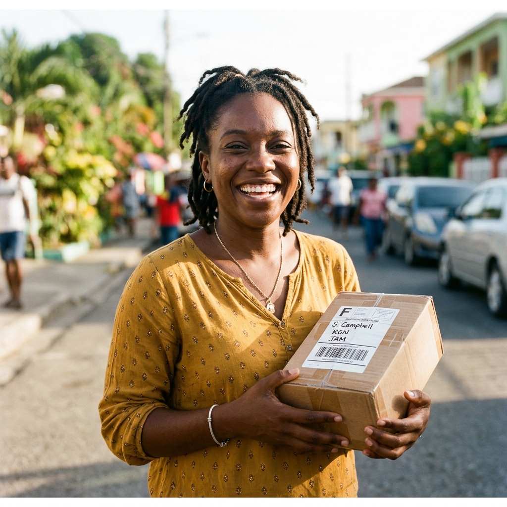 Happy ShipNK customer in Jamaica receiving a package