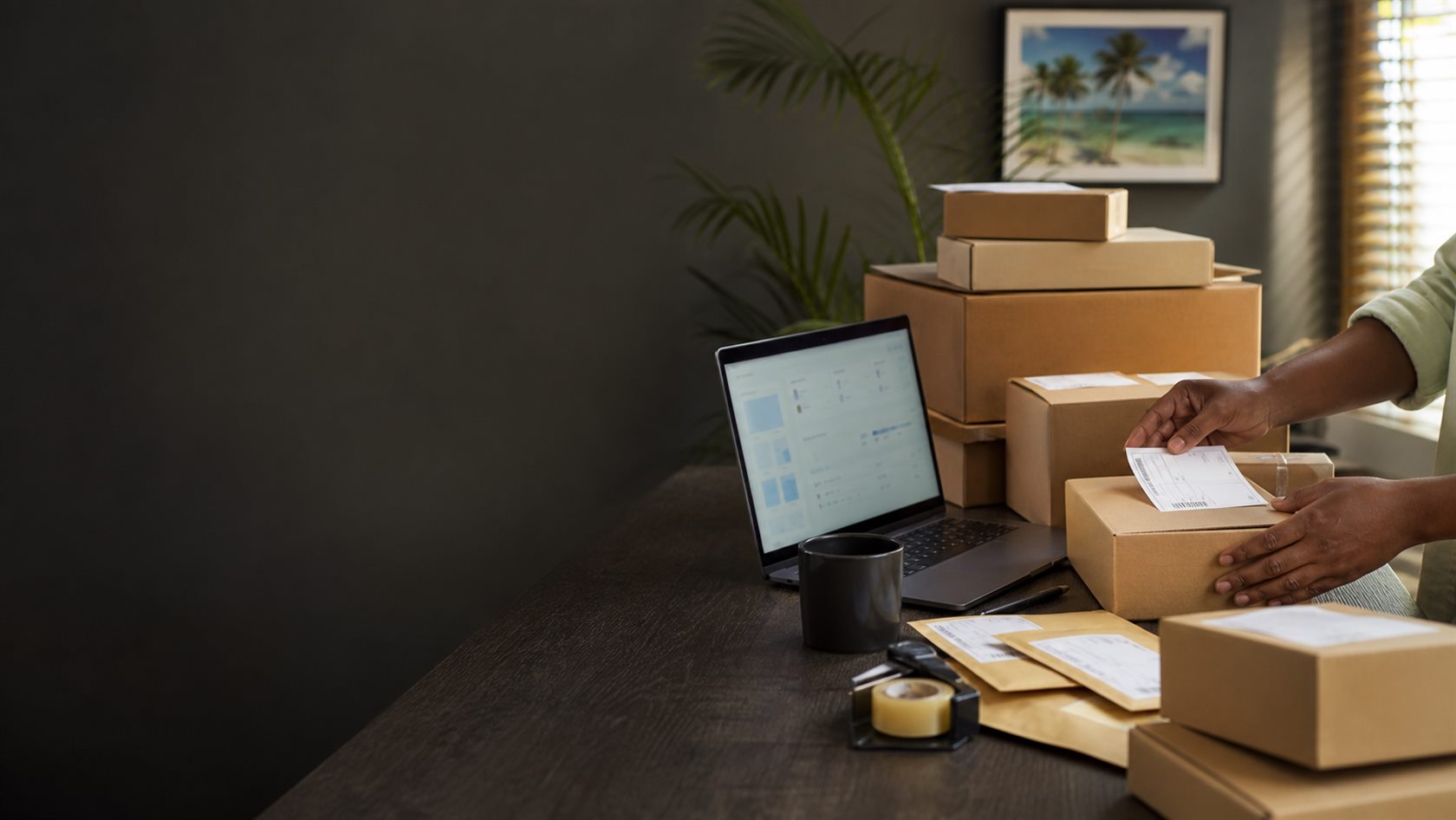 Packages being organized for consolidated shipping to Jamaica with ShipNK